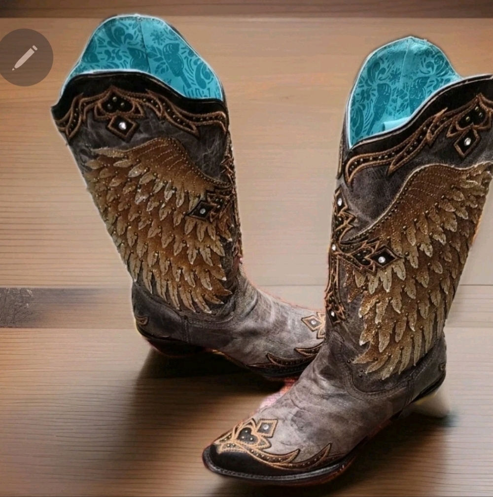 Corral Brown Ld Tobacco Wings & Cross Overlay & Embroidered Boots Size 7 - Picture 3 of 8